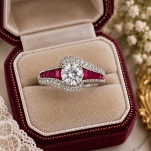 May include: A silver-toned ring featuring a central round brilliant-cut white stone, flanked by rows of rectangular-cut deep red rubies and accented with small pavé-set white stones along the curved band, presented in a velvet box.