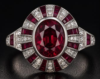 Bague rubis art déco vintage bague de fiançailles halo taille ovale bague en argent 925