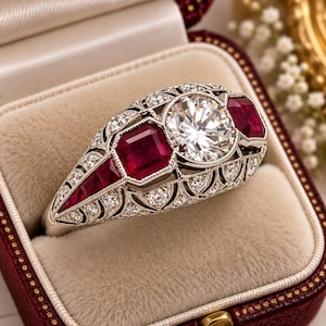 Puede incluir: Un anillo de tono plateado con una piedra central blanca de corte brillante redondo flanqueada por dos rubíes de color rojo intenso de corte octogonal. La banda presenta un intrincado trabajo de filigrana y pequeñas piedras blancas.