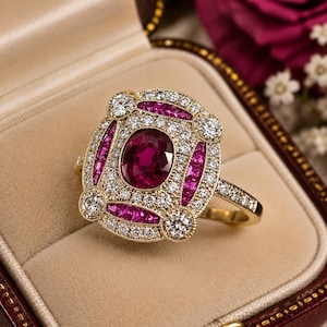 Könnte beinhalten: Ein Goldring mit einem zentralen, oval geschliffenen, tiefroten Rubin, umgeben von einem Kranz aus kleinen, runden weißen Diamanten. Vier größere runde Diamanten an den Ecken werden durch vier rechteckig angeordnete Markise-Rubine ergänzt.