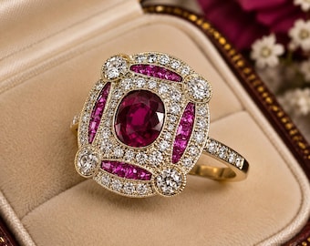 Vinatge Art Deco Style Ruby & Diamond Cocktail Wedding Gift For Her 925 Silver Ring