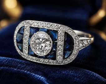 Anillo de boda vintage de plata 925 con halo de diamantes y zafiro azul estilo Art Déco de 2,25 quilates.