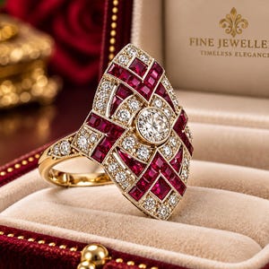 May include: A gold ring featuring a large central round diamond surrounded by a geometric pattern of square-cut red rubies and small round diamonds. The ring is displayed in a red velvet box with the text FINE JEWELLERY TIMELESS ELEGANCE.