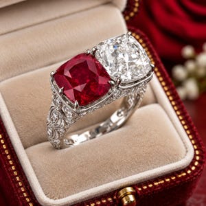 Puede incluir: Un anillo toi et moi con un rubí rojo intenso y un diamante blanco transparente, ambos en talla cojín y colocados lado a lado. La banda de metal plateado presenta grabados detallados de filigrana y pequeñas piedras blancas en pavé.