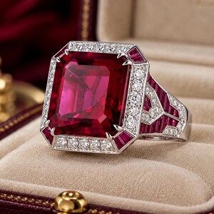 Puede incluir: Un anillo de plata con una gran piedra preciosa rectangular de color rojo intenso en el centro, rodeada por un halo de pequeñas piedras redondas y claras. La banda está decorada con piedras rojas rectangulares y pequeñas piedras claras.