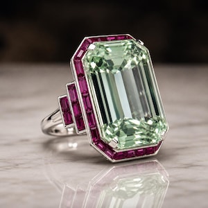 Big Emerald Cut Diamond Vintage Ring, Ruby Halo Diamond Art Deco Engagement Ring, Cocktail Woman's Estate Antique Art Deco Diamond Ring