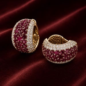May include: A pair of gold hoop earrings featuring a wide, curved design. The centre band is densely set with numerous round, deep red rubies, while the outer edges are lined with rows of small, sparkling white diamonds in a pavé setting.