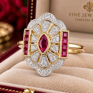 May include: A gold ring featuring a central marquise-cut red ruby surrounded by a scalloped halo of small white diamonds. Two vertical rectangular bars set with square-cut red rubies flank the centre, all mounted on a polished gold band.
