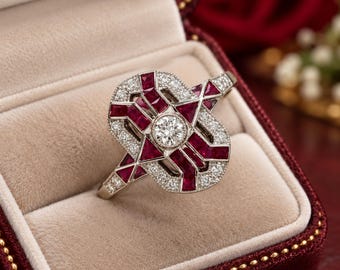 Bague rubis art déco et diamant de laboratoire, bague halo géométrique, fiançailles vintage en argent 925