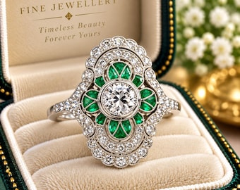 2.85Ct Art Deco Style Emerald Diamond Halo Ring 925 Silver Vintage Anniversary Gift Ring