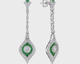 Brinco de Noivado em Ouro Branco 14k com Diamante Sintético e Esmeralda em Estilo Art Déco (FN)
