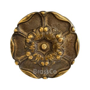 Può includere: Elemento decorativo in ottone in stile antico. Il design presenta un motivo floreale centrale con motivi a volute ornate e accenti in rilievo. Il pezzo ha un aspetto invecchiato, con il testo "BrassCo" visibile.
