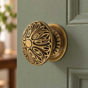 Ornate Floral Door Knob, Solid Brass Botanical Design, Antique Style, Cast Brass