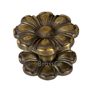 Può includere: Un pomello per armadio a forma di fiore color bronzo. Il pomello presenta un design floreale dettagliato con più petali e un disco centrale. La base del pomello è cilindrica. Il testo "BrassCo" è visibile.