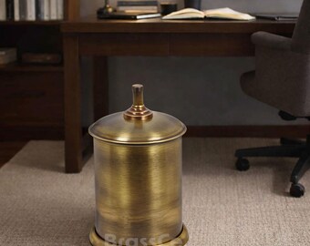 Messing afvalbak met deksel – vintage metalen prullenbak voor badkamer of kantoor