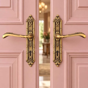 Manilla de puerta, placa trasera floral de latón macizo, par de manillas de estilo victoriano.