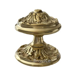 May include: A brass door knob with an ornate, floral design. The knob has a rounded top and base, connected by a pedestal. The brass finish gives the knob a warm, antique look. The word "Brasste" is visible on the base.