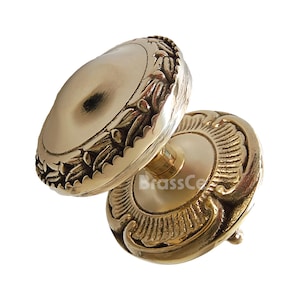 Peut inclure: Gros plan sur un bouton de porte en laiton avec une forme ovale et des détails floraux ornés. Le bouton a une finition polie et un design classique. Le texte "BrassCo" est visible sur le bouton.