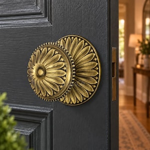Pomello per porta, extra large, in ottone massiccio, con rosetta floreale, finitura anticata, ferramenta per ingresso.