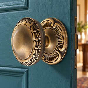 Door Knob, Solid Brass, Antique Finish, Leaf Border