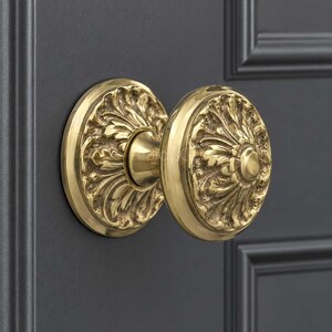 Door Knob, Solid Brass Floral Rosette, Fixed Push Pull Hardware