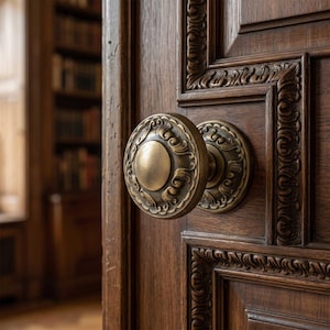 May include: A round, brass-toned metal door knob featuring an intricate, embossed scrollwork pattern on its face and circular base, mounted onto a dark brown wooden door with carved rectangular paneling and decorative border detailing.
