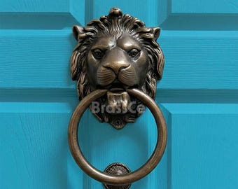 Lion Door Knocker with Ring, Antique Brass