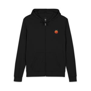 May include: A black zip-up hoodie featuring a small, embroidered orange fruit graphic on the left chest. The garment includes a drawstring hood, long sleeves with ribbed cuffs, and two front pockets, providing a simple and functional design.