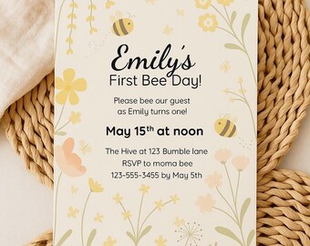 Invitación editable de cumpleaños de abeja, invitación de cumpleaños de abeja, invitación de primer cumpleaños de abejorro, invitación linda para el Día de la Abeja