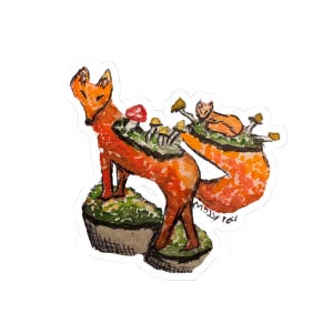 May include: Watercolor sticker featuring an orange fox with a mushroom garden on its back. The fox stands on a green and brown base. A second fox rests on a similar mushroom garden. The sticker has a white border.