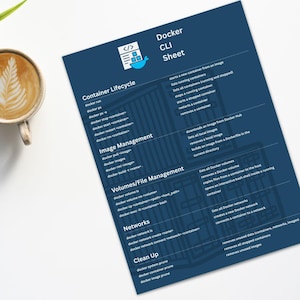 May include: A workspace scene featuring a laptop, a cup of coffee with latte art, a pen, and a notepad. A blue Docker CLI Sheet is on the right, with text about container lifecycle, image management, and more.
