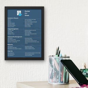 Pu&ograve; includere: Un'area di lavoro con un laptop, uno smartphone e un poster incorniciato "Docker CLI Sheet". Lo smartphone &egrave; appoggiato su un supporto viola. Un vaso trasparente con foglie verdi &egrave; sulla destra. La scrivania &egrave; in legno chiaro.