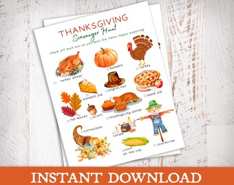 Thanksgiving-speurtocht, Thanksgiving-familiespel voor kinderen, afdrukbaar raadspel, Thanksgiving-dinerspel, Friendsgiving-spel