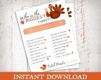 Thanksgiving Who is the BIGGEST kalkoen, grappig familie Thanksgiving-spel, afdrukbaar spel, Thanksgiving-dinerspel, Friendsgiving-spel
