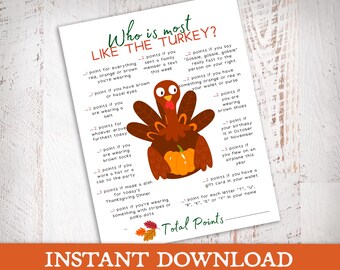 Thanksgiving Who is the like the Turkey, Funny Family Thanksgiving-spel, afdrukbaar spel, Thanksgiving-dinerspel, Friendsgiving-spel