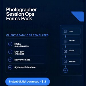 Może przedstawiać: Ciemnoniebieski dokument cyfrowy zatytułowany FORGEKIT Photographer Session Ops Forms Pack. Zawiera gotowe szablony dla klientów, w tym kwestionariusz wstępny, listę kontrolną dnia zdjęciowego, e-maile oraz strukturę umowy.
