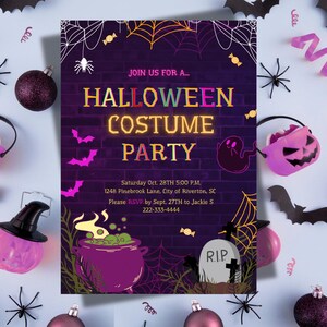 Gruselige Neon-Halloween-Kostüm-Party-Einladung: Bearbeitbare Canva-Vorlage