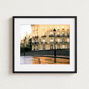 May include: A framed wall art print featuring a multi-story beige stone building with black wrought iron balconies and arched windows. Two black street lamps stand along a wet, reflective ground surface where two small birds are visible.