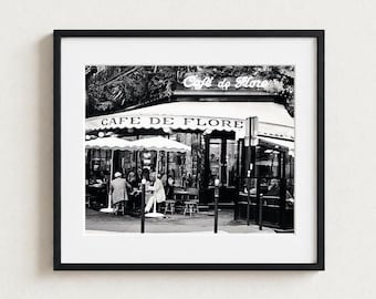 Cafe de Flore Print, Vintage Paris Black and White Photography, French Cafe Decor