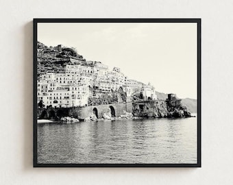 Amalfi Coast Print, Black and White Italian Seaside Photography