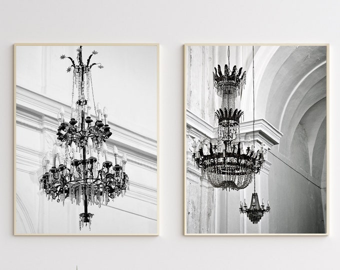 Black and White Chandelier Print Set - Two Vertical Photographs - Sicily Italy Travel Photography - Glamorous Wall Art