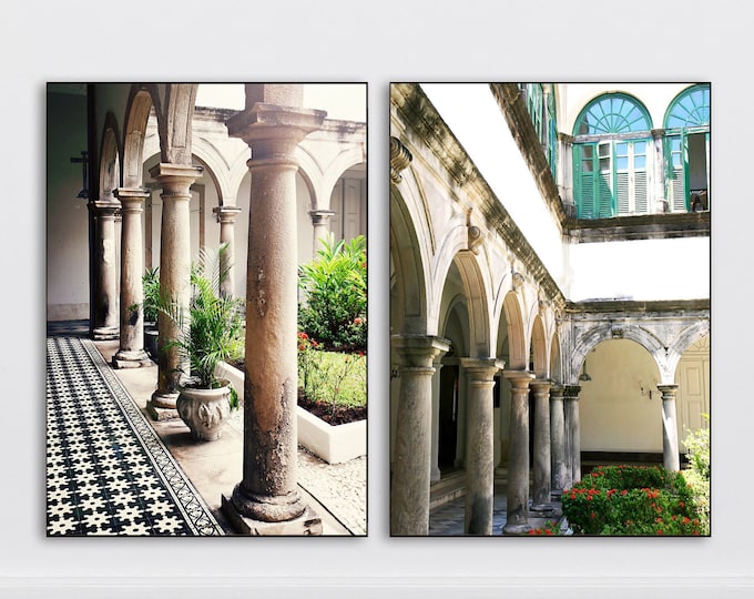 Brazil Architecture Photography Print Set - 2 Vertical Black and White Pictures - Church Archways and Secret Courtyard Photographs