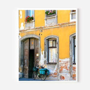 Hungarian Art, Yellow Wall Art, Bicycle Print, Sopron Hungary Photograph, Rustic European Decor, Large Wall Art, Old Door and Window Photo image 5