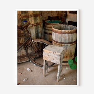 Farmhouse Decor, Vineyard Print, Brown Wall Art, Bicycle Photograph, Wine Country Picture, Greece Wall Art, Rustic Wood Wine Barrel Print