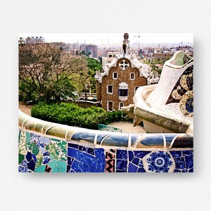 Parc Guell Photography, Serpentine Mosaic Tile Bench, Barcelona Spain Travel Print, Gaudi Spanish Architecture, Mediterranean Home Decor image 3