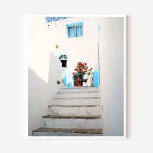 Santorini Greece, Pictures of Santorini, Greece Photography, Greek Island Photo, White and Turquoise Wall Art, Mediterranean Decor, Stairs image 1