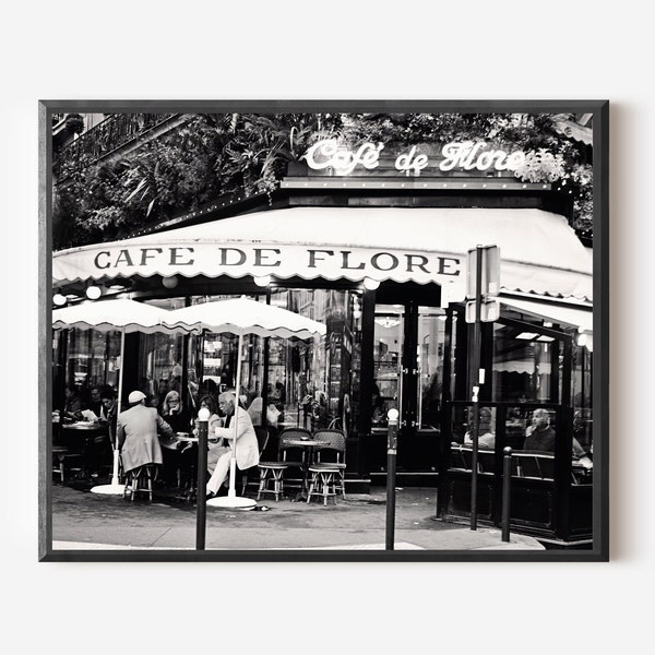 Cafe de Flore Print, Paris Cafe Photography, Black and White French Photo, Parisian Kitchen Wall Art, French Bistro Picture, Paris Decor