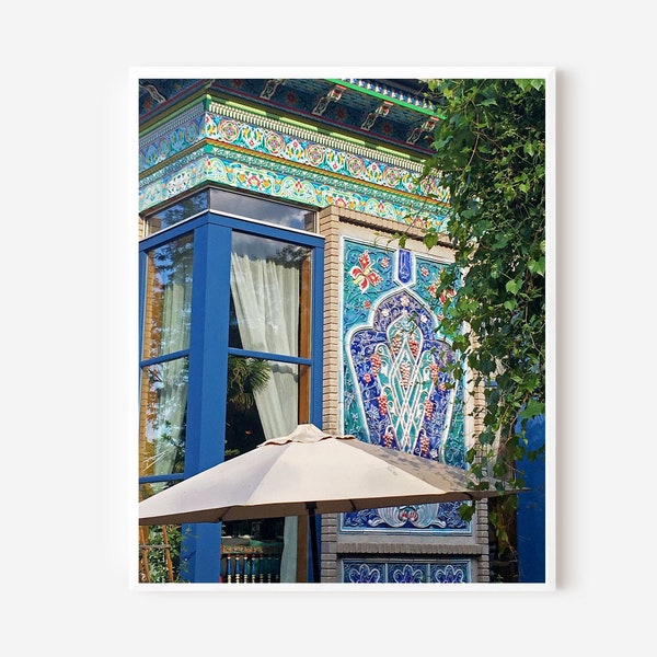 Dushanbe Tea House Print,  Boulder CO Photography, Colorful Blue Tile Picture, Cream Umbrella Print, Cafe Wall Art, Vertical Framed Print