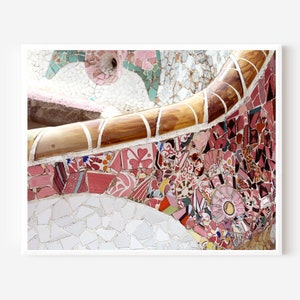 Barcelona Photography, Parc Guell Print, Gaudi Mosaic Tile Picture, Barcelona Spain, Pink Mosaic Tile, Spanish Decor, Mediterranean Art