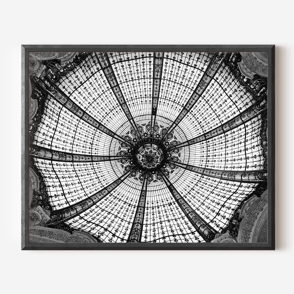 Black and White Galeries Lafayette Print, Paris Photography, Parisian Apartment Wall Art,  Stained Glass Window, Modern French Home Decor